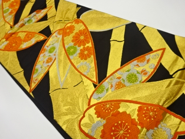 リサイクル　竹に花々模様織出し袋帯